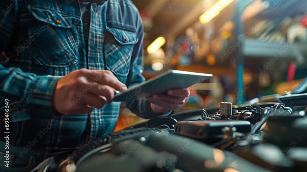 A skilled service mechanic conducts thorough car engine diagnostics using a digital tablet, efficiently assessing the vehicle's condition with precision A skilled service mechanic conducts thorough car engine diagnostics using a digital tablet, efficiently assessing the vehicle's condition with precision