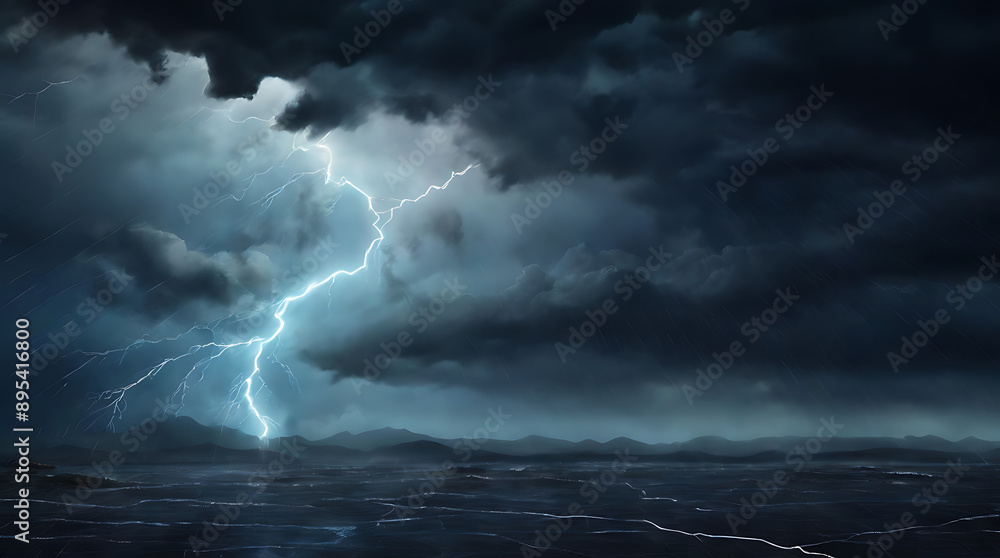 A dramatic illustration of stormy weather with dark clouds, lightning, and heavy rain, with space for text. A dramatic illustration of stormy weather with dark clouds, lightning, and heavy rain, with space for text.