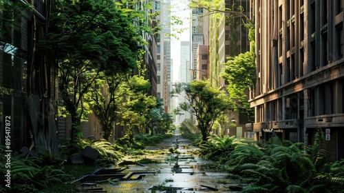 Abandoned city street overgrown with lush vegetation, depicting a post-apocalyptic or rewilding urban environment. photo