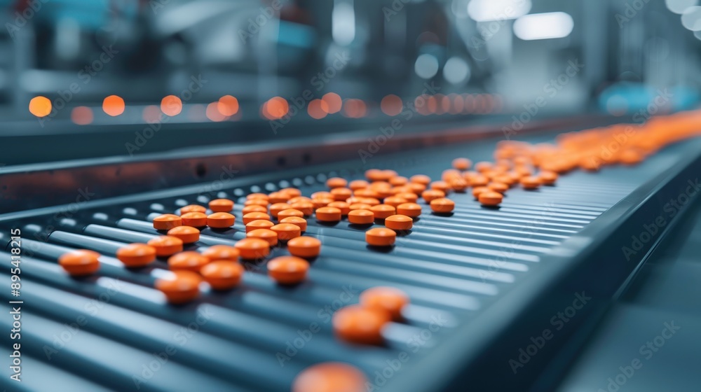 Fototapeta premium Close-up of pharmaceutical pills on a manufacturing conveyor belt in a production facility.