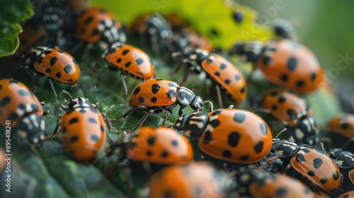 Close-up shot of vibrant orange ladybugs with black spots congregating on green leaves in a natural environment.