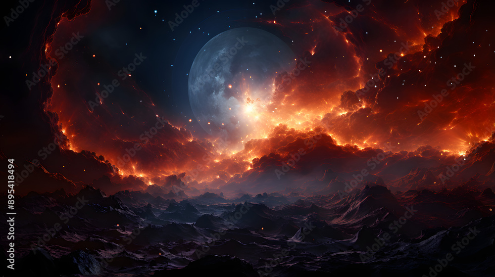 Fototapeta premium A fiery, alien landscape stretches across the horizon, lit by a bright, moon-like celestial body. The scene is awash in red and orange hues, with a blanket of clouds forming a dramatic backdrop. 