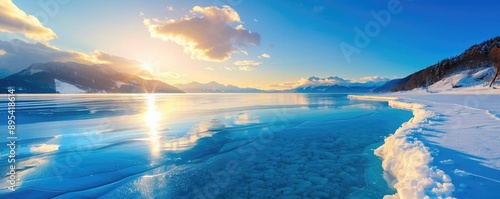 A picturesque frozen lake with gentle snowfall, reflecting the peaceful essence of wintertime and the stillness of the cold season photo