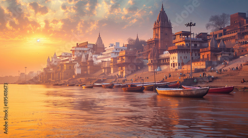 Varanasi city with ancient architecture. View of the holy Manikarnika ghat at Varanasi India at sunset 