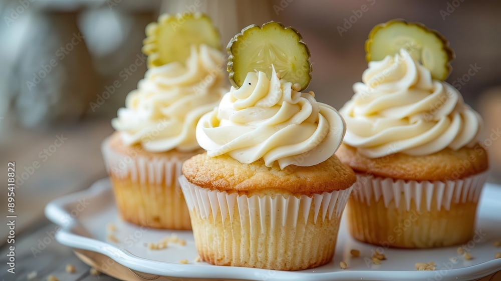 Elegant pickle cupcakes with decorative swirls of frosting, modern gourmet twist Elegant pickle cupcakes with decorative swirls of frosting, modern gourmet twist