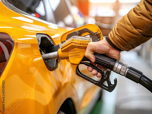 A person hand pumping gasoline fuel or fueling car at gas station. Fuel station service fill energy