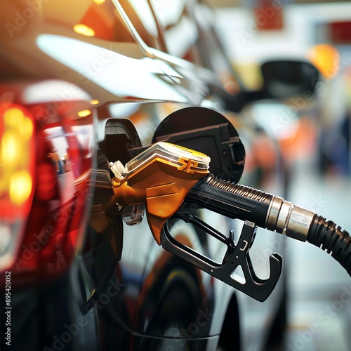 A person hand pumping gasoline fuel or fueling car at gas station. Fuel station service fill energy