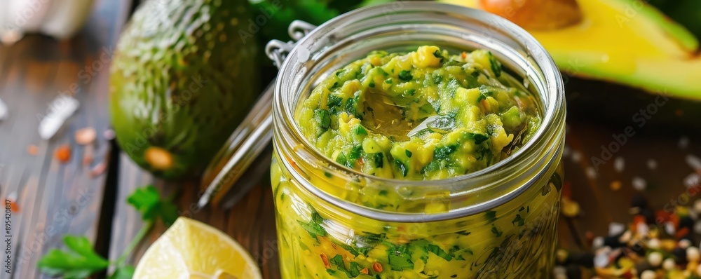 Pickle guacamole in a glass jar, homemade condiment, food storage Pickle guacamole in a glass jar, homemade condiment, food storage