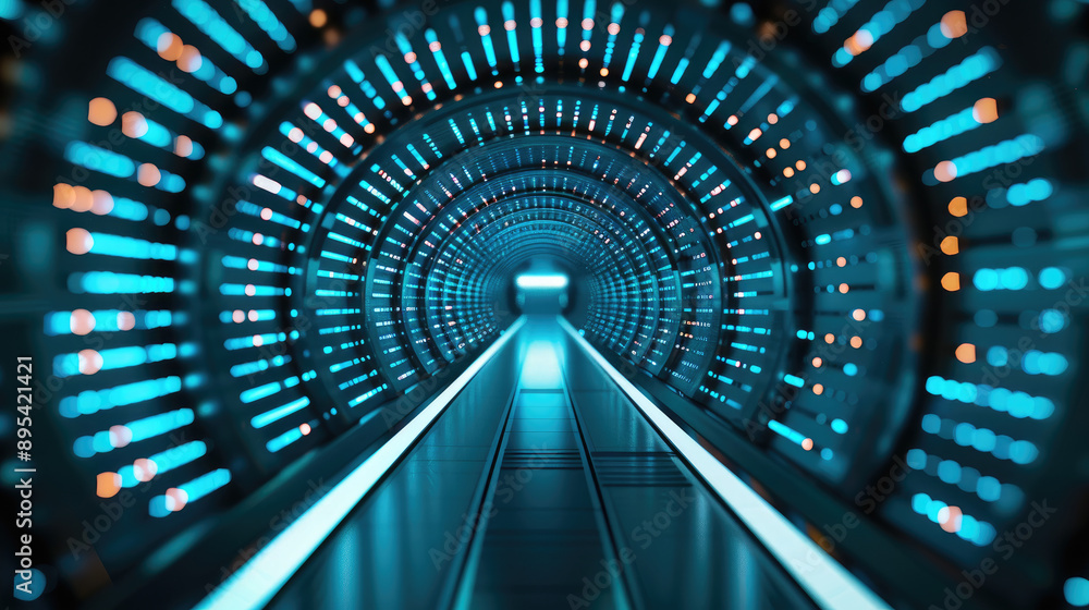 Futuristic tunnel with glowing blue lights and a sleek pathway, creating a mesmerizing visual effect and depth. Futuristic tunnel with glowing blue lights and a sleek pathway, creating a mesmerizing visual effect and depth.