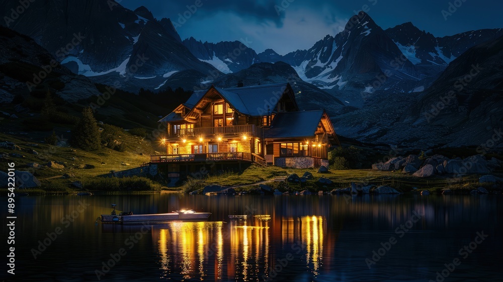 Night lights of a lake house in the mountains. Mountain lake house lights Night lights of a lake house in the mountains. Mountain lake house lights