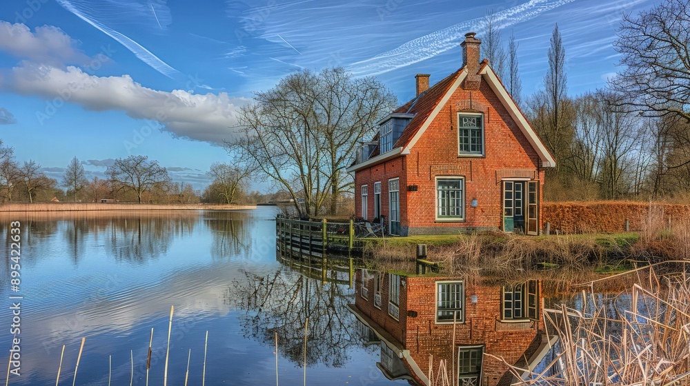 Fototapeta premium Scenic Red Brick House by Lake – Serene Countryside Landscape with Reflections, Blue Sky, and Rustic Charm.