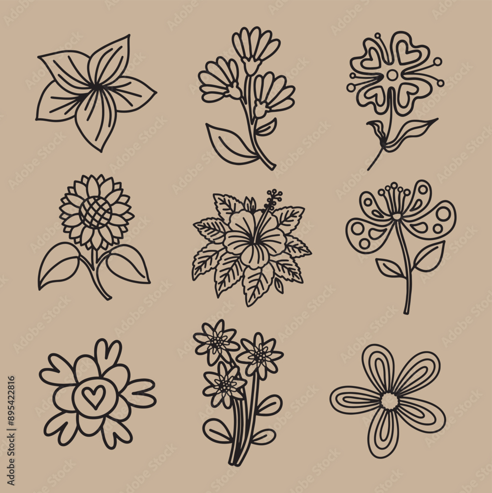 Summer tropical doodle hand draw flower set vector and illustration Summer tropical doodle hand draw flower set vector and illustration