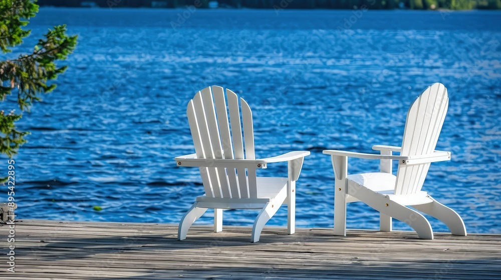 Obraz premium Two white lawn chairs placed on a wooden dock beside a blue lake offer a peaceful scene for summer vacation or holiday travel advertising.