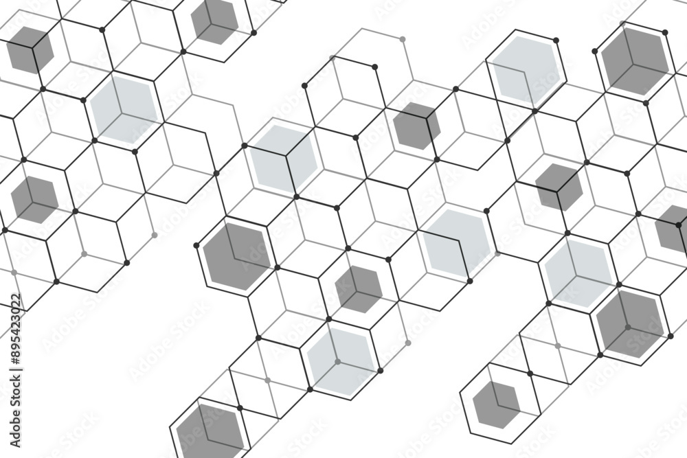 Abstract hexagons with nodes digital geometric with black lines and dots on white background Abstract hexagons with nodes digital geometric with black lines and dots on white background