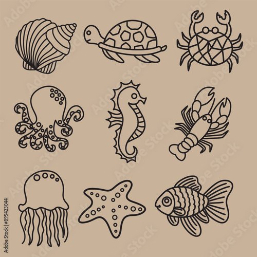 Aquatic animals set vector and illustration