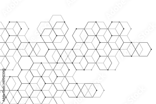 Abstract hexagons with nodes digital geometric with black lines and dots on white background