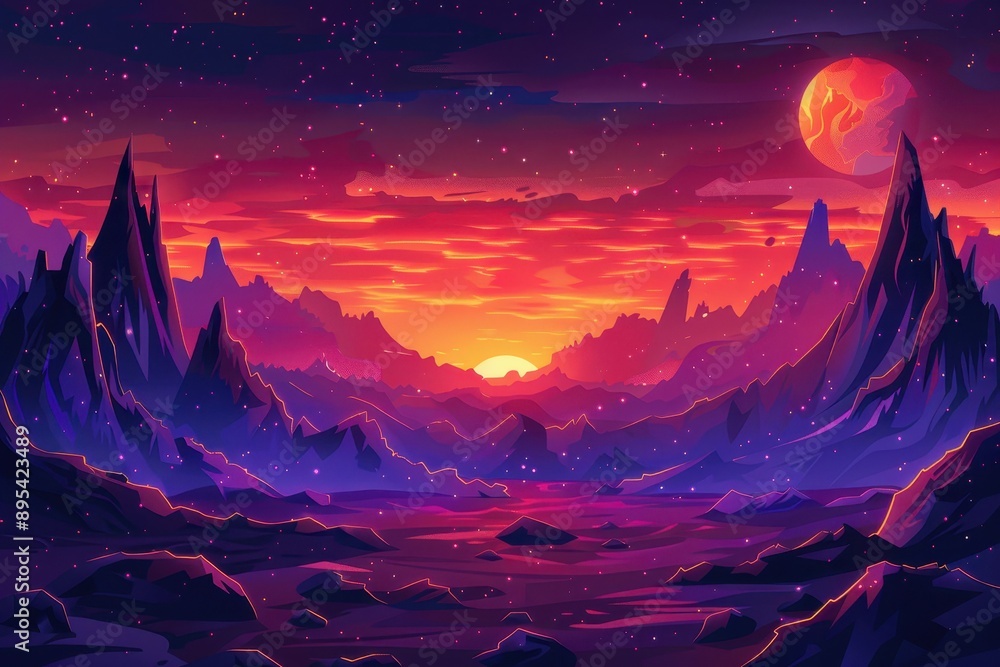 Naklejka premium Mystical landscape with vibrant sunset and starry sky