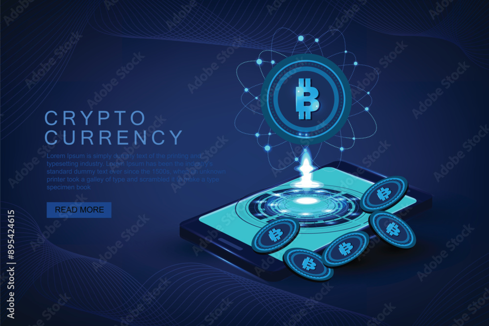 Fototapeta premium Bitcoin and other cryptocurrency on 3D mobile phone. E-wallet with bitcoins for stock market trading, payment