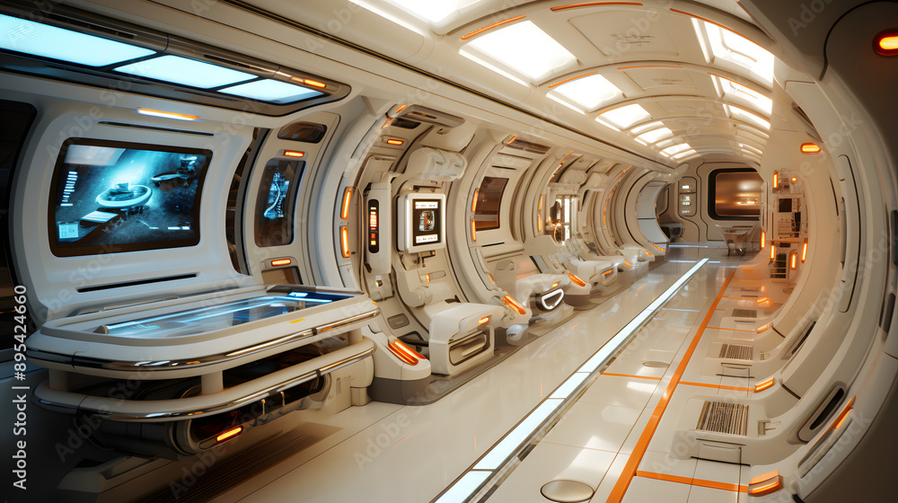 Obraz premium A futuristic space shuttle or spaceship interior with sleek, white walls, glowing orange lights, and rows of seats. The design is modern, minimalist, and gives a sense of clean, advanced technology.