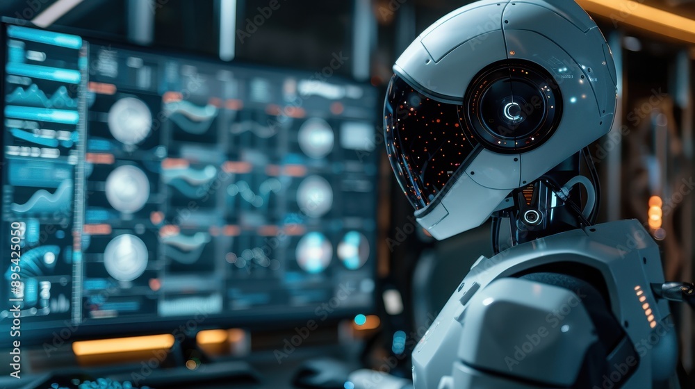 Futuristic Robot Analyzing Data on Multiple Monitors in High-Tech Control Room Futuristic Robot Analyzing Data on Multiple Monitors in High-Tech Control Room