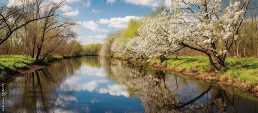 Tranquil River Scene with Blooming Trees Tranquil River Scene with Blooming Trees