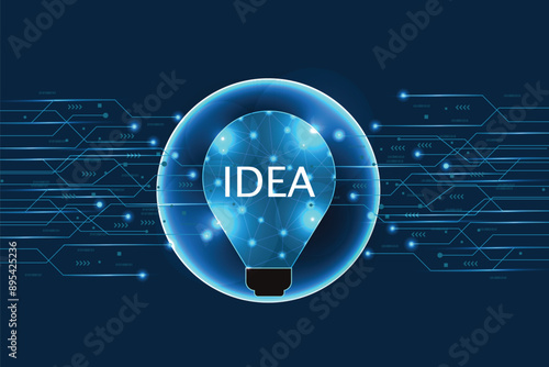 Futuristic idea, creativity concept with glowing low polygonal light bulb background