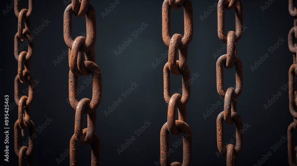 rusted chains hanging against a dark background. The rust should be detailed and textured, with flakes and layers showing the passage of time rusted chains hanging against a dark background. The rust should be detailed and textured, with flakes and layers showing the passage of time