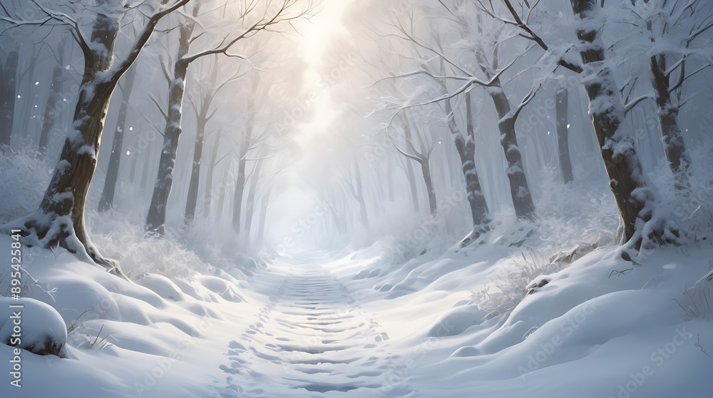 A tranquil illustration of a winter forest path with snow-covered trees, a gentle snowfall, and a quiet pathway, with space for text. A tranquil illustration of a winter forest path with snow-covered trees, a gentle snowfall, and a quiet pathway, with space for text.