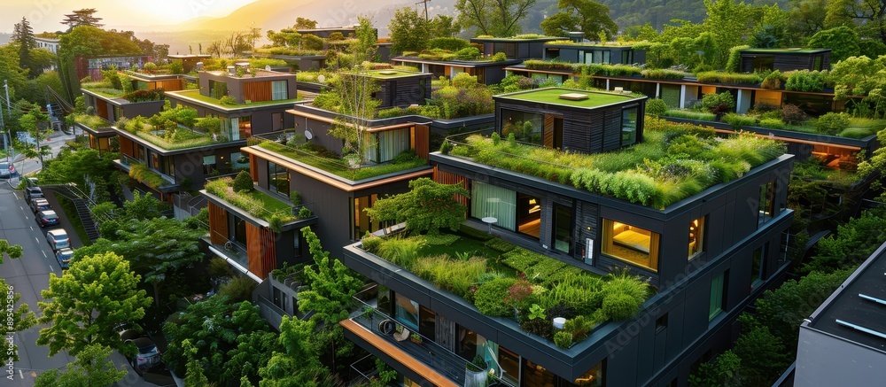 Modern Eco-Friendly Apartment Complex with Lush Green Rooftop Gardens at Sunset Modern Eco-Friendly Apartment Complex with Lush Green Rooftop Gardens at Sunset