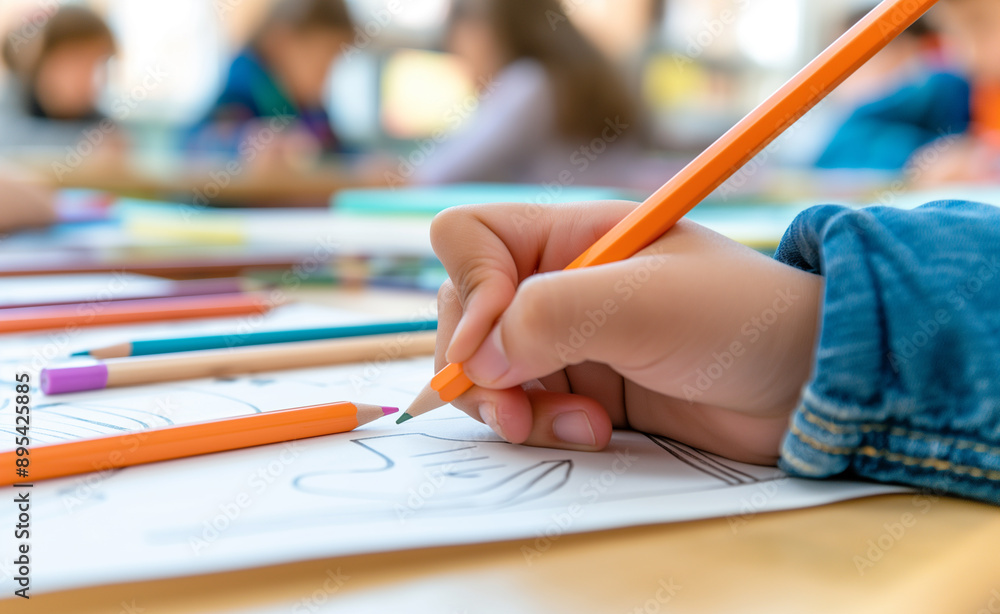 A child’s hand holding an orange pencil, coloring on a sheet of paper, with blurred classmates in the background.
A child’s hand holding an orange pencil, coloring on a sheet of paper, with blurred classmates in the background.