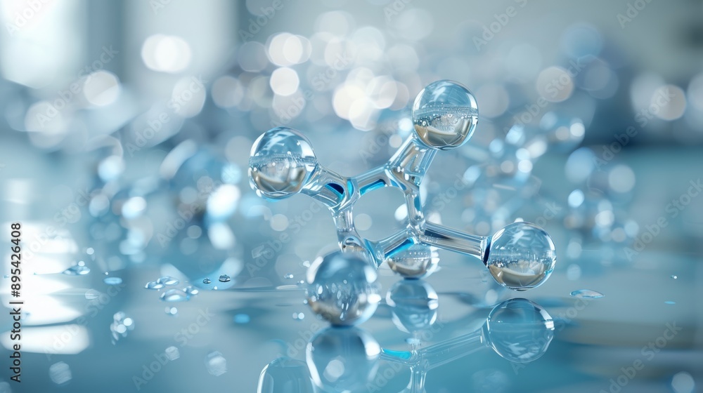 A detailed 3D rendering of a water molecule (H2O), showing the arrangement of hydrogen and oxygen atoms, with a focus on the bond angles and molecular structure. A detailed 3D rendering of a water molecule (H2O), showing the arrangement of hydrogen and oxygen atoms, with a focus on the bond angles and molecular structure.