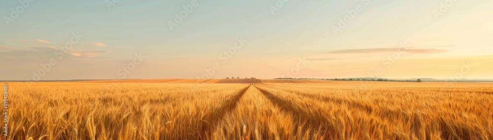 Fototapeta premium Golden wheat field at sunset with dramatic sky.