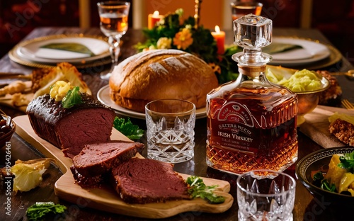 Visualize a close-up of traditional Irish foods and drinks on a festive table, including soda bread, corned beef, cabbage, and Irish whiskey