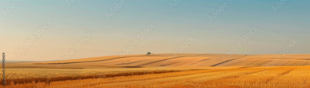 Fototapeta premium Golden wheat field with rolling hills and clear blue sky.