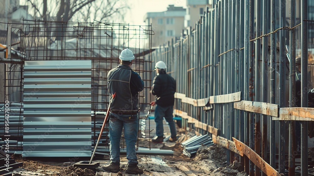 Workers Creating Profiled Sheet Fences - View from the Back Workers Creating Profiled Sheet Fences - View from the Back