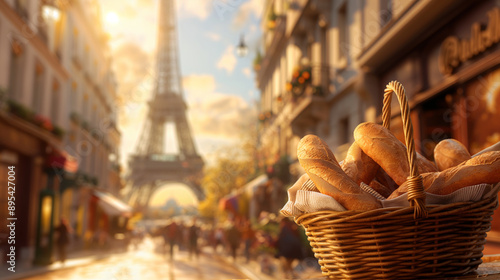 A basket of fresh baguettes with the Eiffel Tower in the background. photo