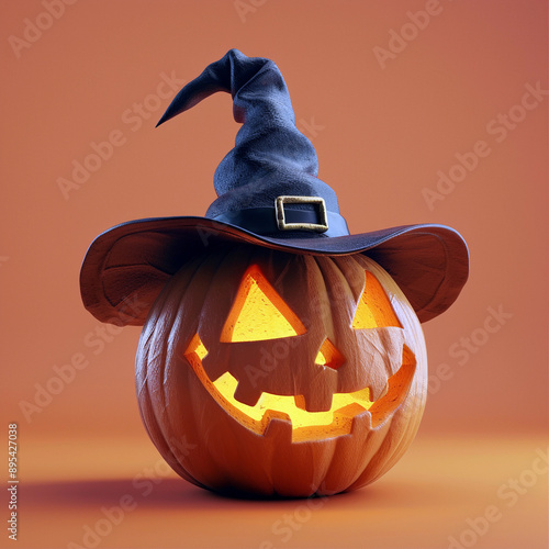 Scary Halloween Pumpkin Jack-o-lantern Wearing Witches Hat