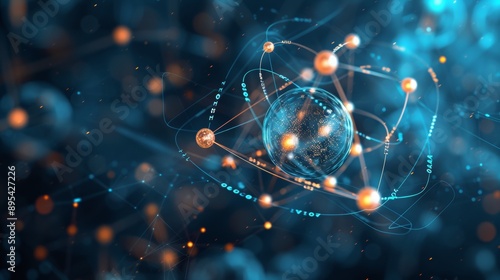 A digital illustration of a molecule with labeled atoms and bonds, floating against a dark blue background with scientific symbols and formulas.