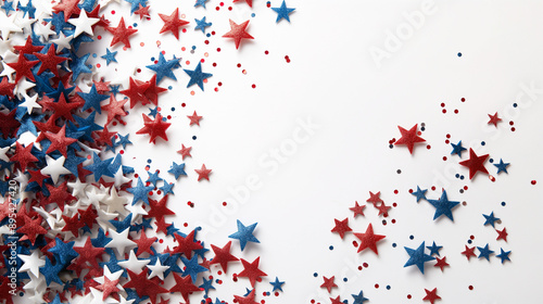 Red, white, and blue star-shaped confetti scattered on a white background. photo