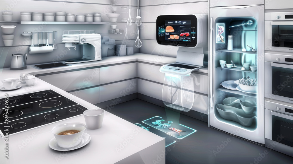 A kitchen equipped with smart appliances like a refrigerator that displays grocery lists, an oven that can be controlled remotely, and a smart coffee maker brewing a perfect cup automatically. A kitchen equipped with smart appliances like a refrigerator that displays grocery lists, an oven that can be controlled remotely, and a smart coffee maker brewing a perfect cup automatically.