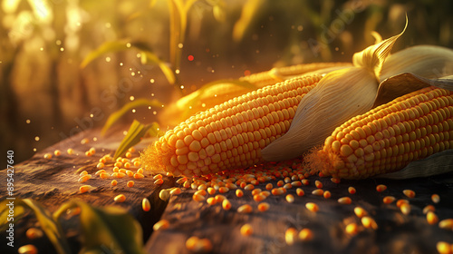 Close-up of fresh corn on the cob with kernels spilling out in a sunlit field. photo