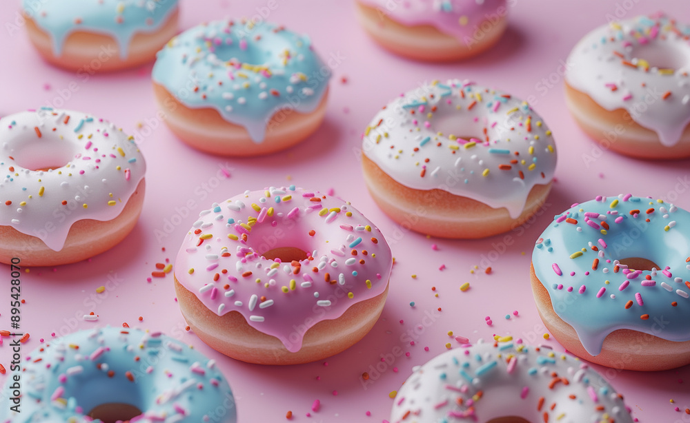 Pastel-colored donuts with sprinkles on a pink background. Pastel-colored donuts with sprinkles on a pink background.