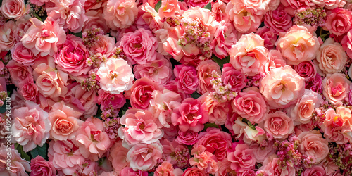  A wall of pink roses in full bloom, creating a beautiful and vibrant display background and wallpaper ,  Pink roses arranged in a wall formation, showcasing a stunning floral arrangement. © Hadi