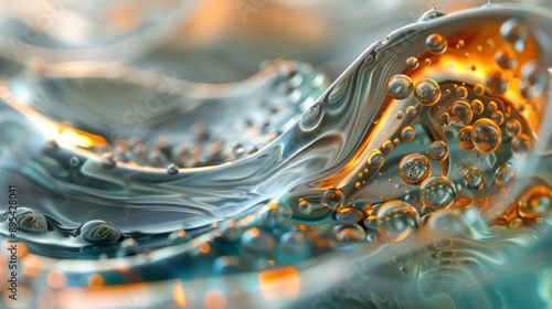 A microscopic view of a liquid droplet, showcasing the molecular arrangement and polarity effects on the surface tension and cohesion of the liquid.