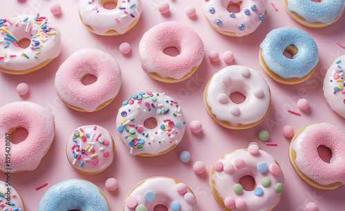 Pastel-colored donuts with sprinkles on a pink background. photo