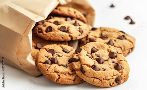 Chocolate chip cookies spilling out of a brown paper bag. photo