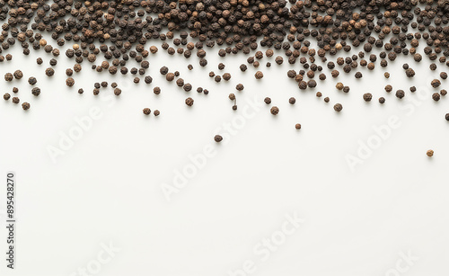 Scattered black peppercorns on a white background. photo