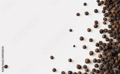 Scattered black peppercorns on a white background. photo