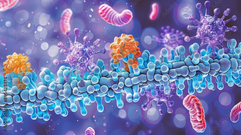 Fototapeta premium A scientific diagram depicting the structure of a hormone receptor, including its various domains and binding sites, with annotations explaining its function and importance in cell