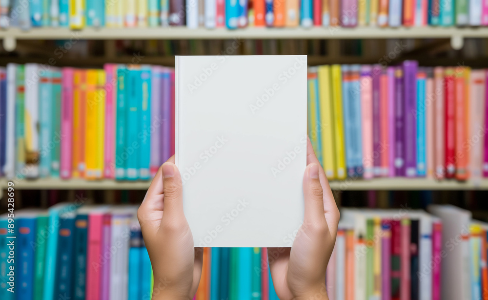 Person holding an open blank book in the middle of a colorful library aisle. Person holding an open blank book in the middle of a colorful library aisle.
